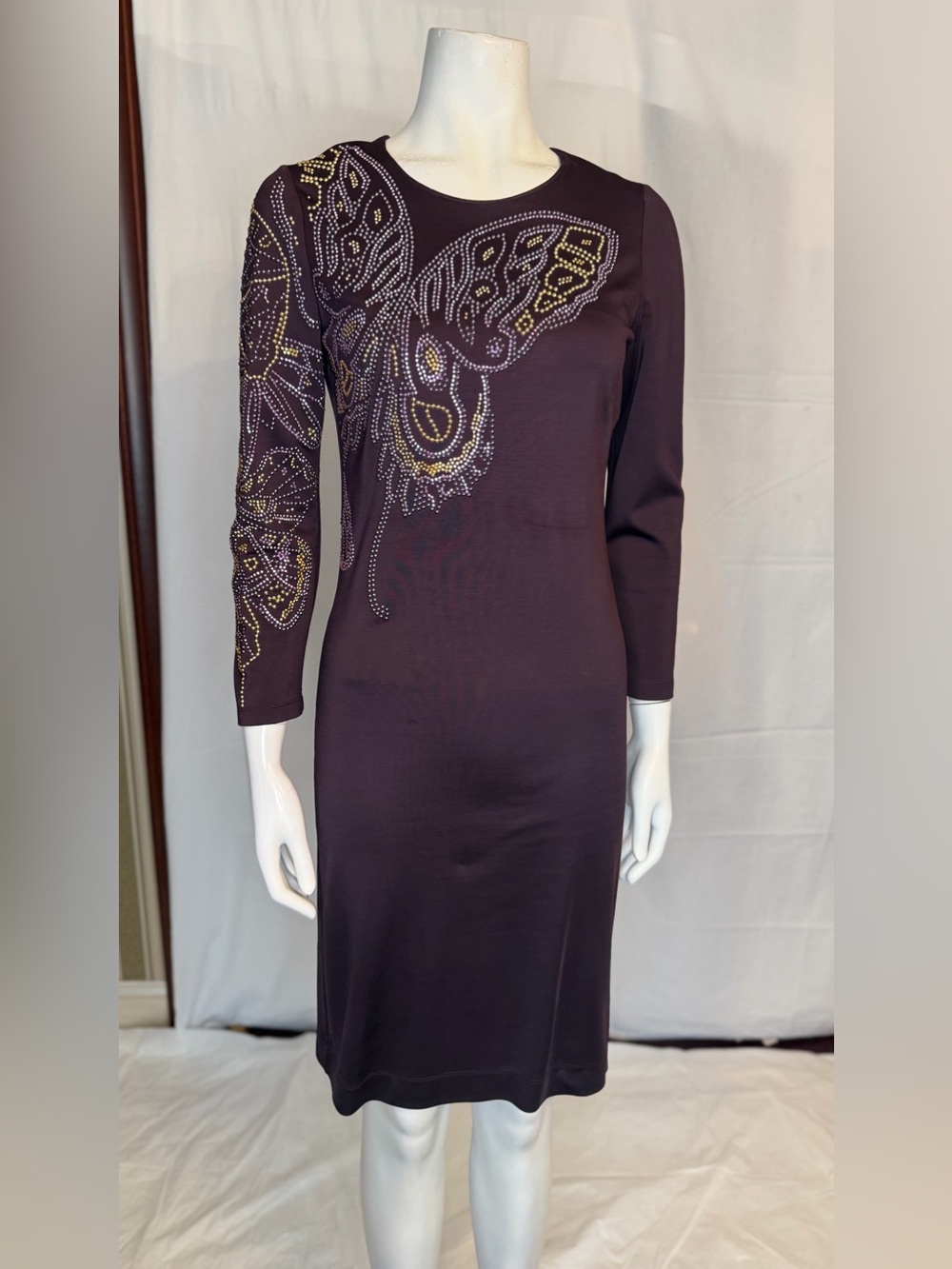 Women's Long Sleeve Embellished Butterfly Dress - Plum
